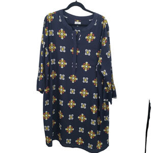 Crown & Ivy 24w Medallion Print Shift Dress Womens Plus Blue Tunic 3/4 Sleeve